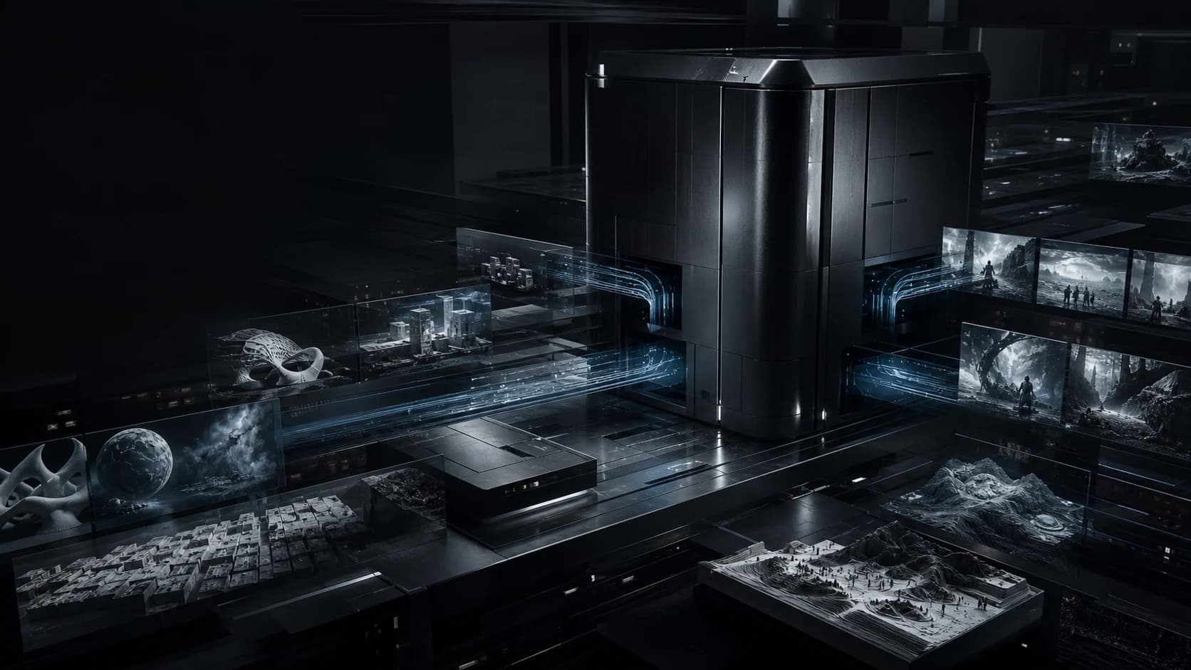 Illustrative concept showing different forms of technical and creative work emerging from one sealed production system