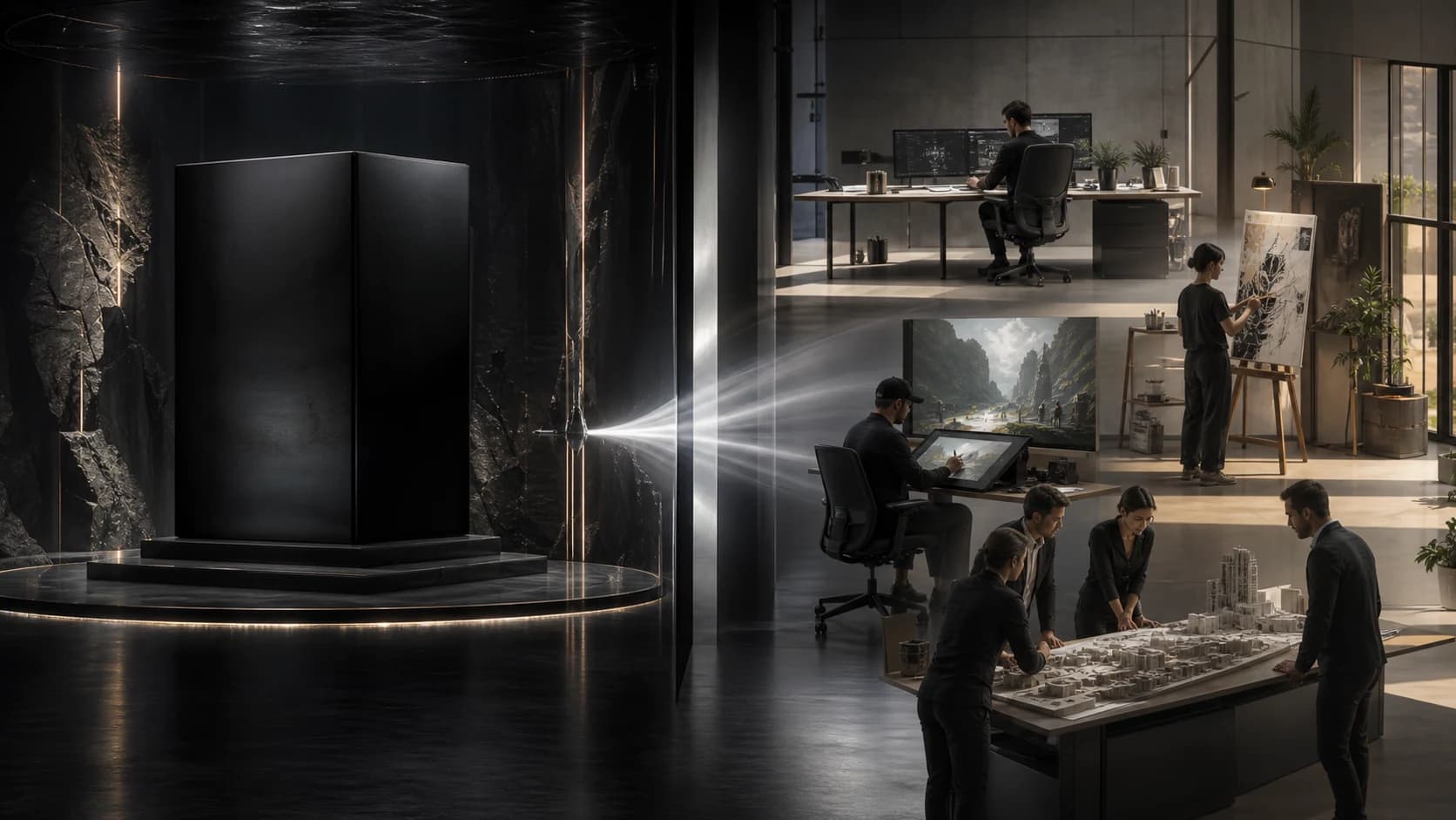 A sealed frontier core opening into professional software, art, animation and commercial work environments
