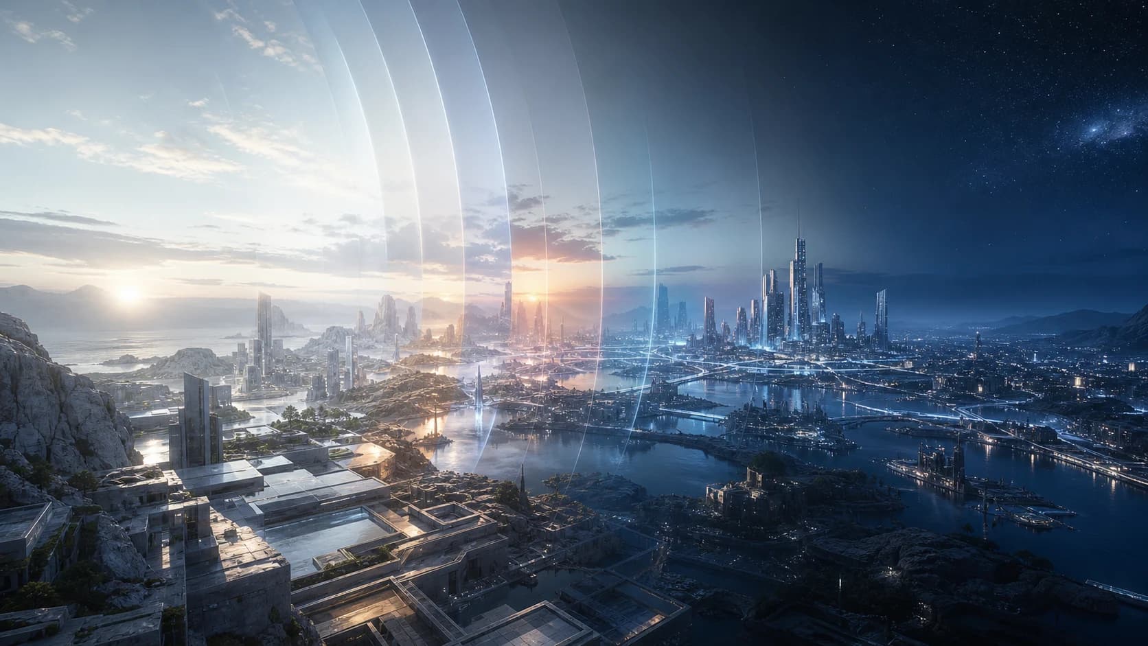 A cinematic city and landscape evolving through space and time
