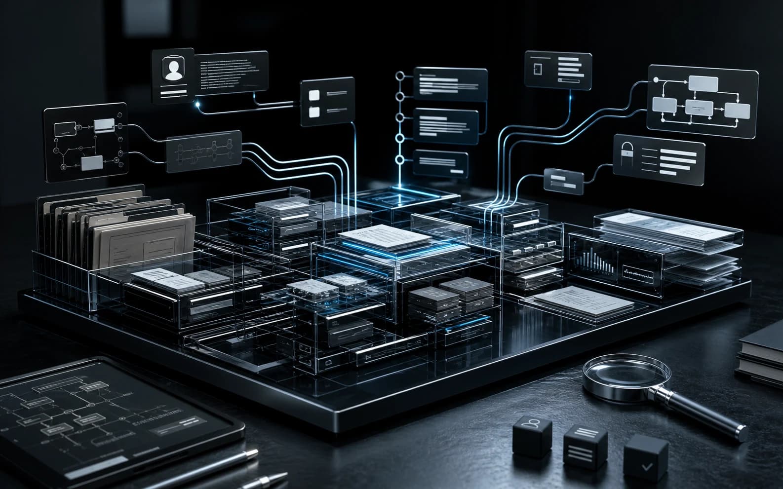 Blackvault Work visual representing connected operational memory across relationships, work and accountable history