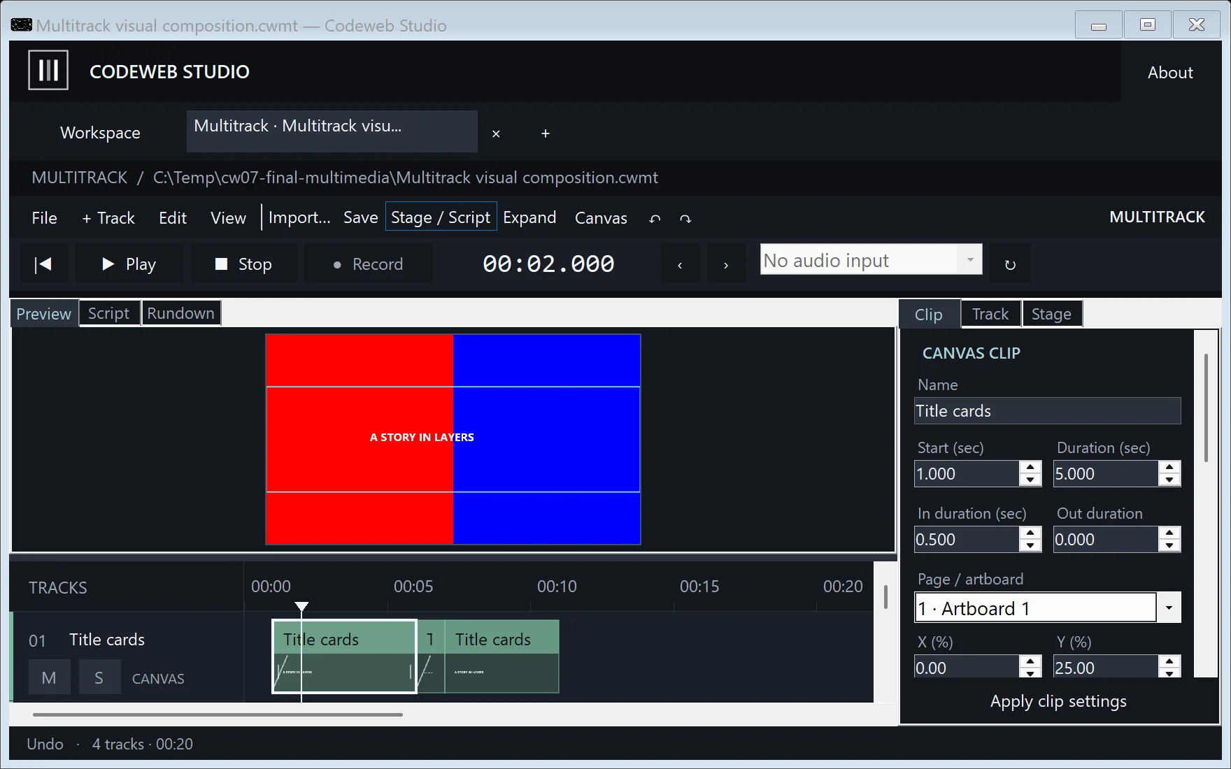 Actual development build of Codeweb Studio showing a sample image, document and audio tracks in Multitrack