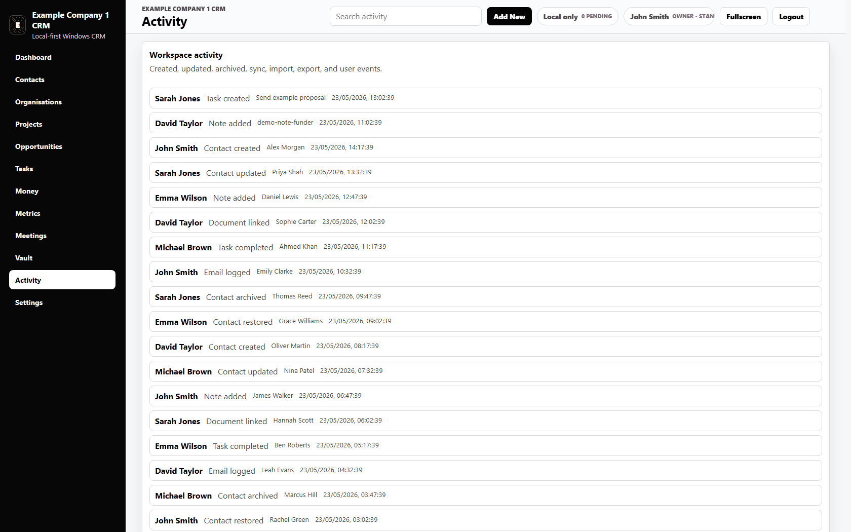 Blackvault CRM activity page with fictional audit and activity history