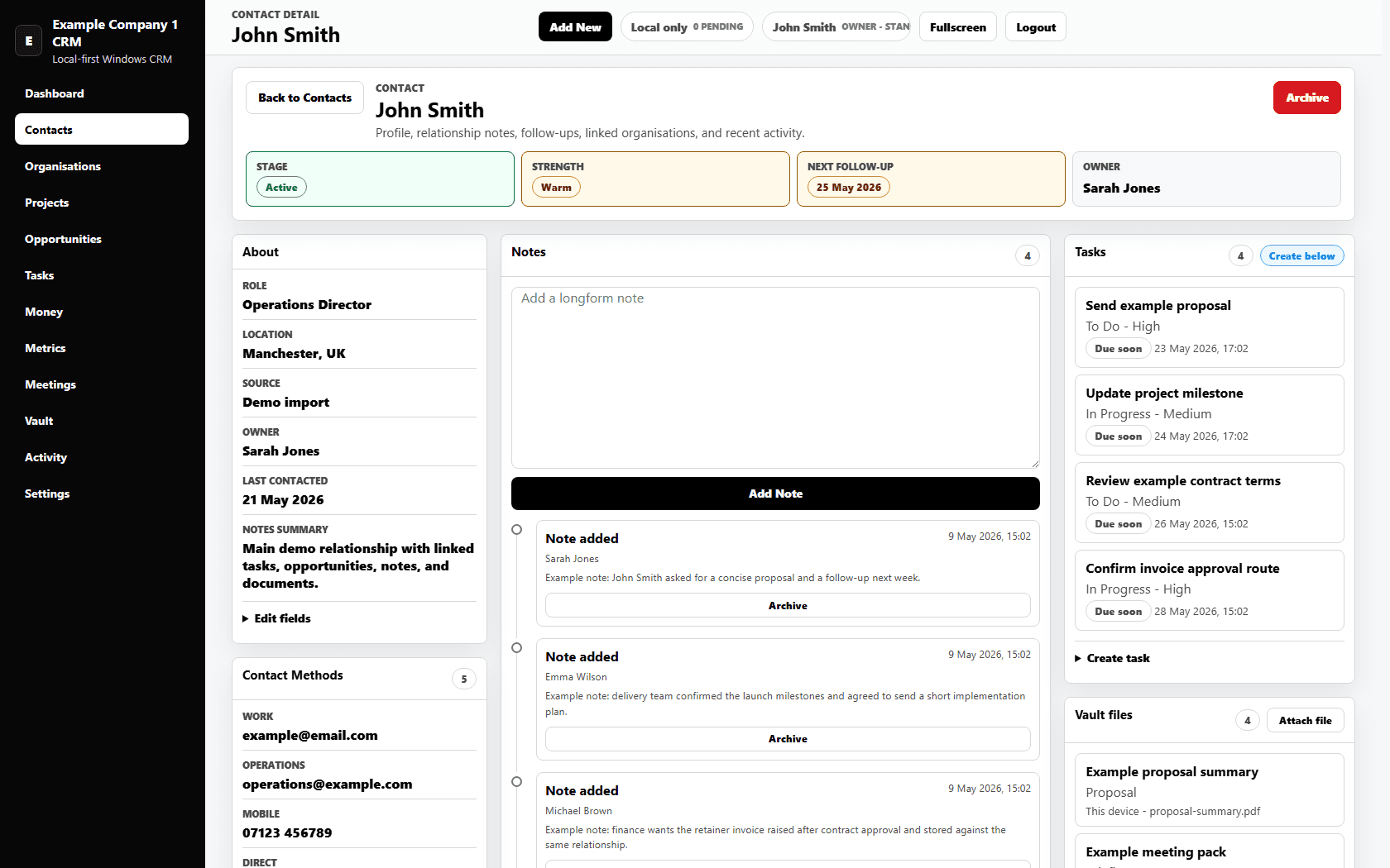 Blackvault CRM contact detail page with fictional notes, tasks, files, meetings and contact details
