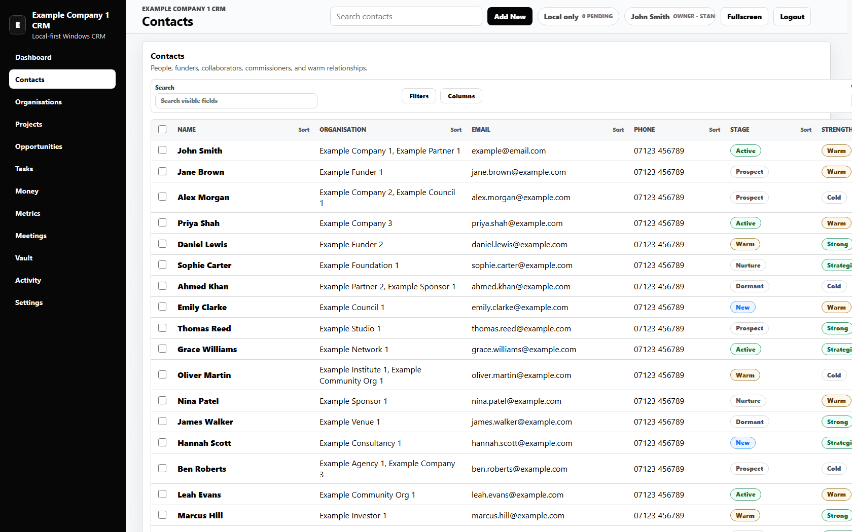 Blackvault CRM contacts table populated with fictional business contact records