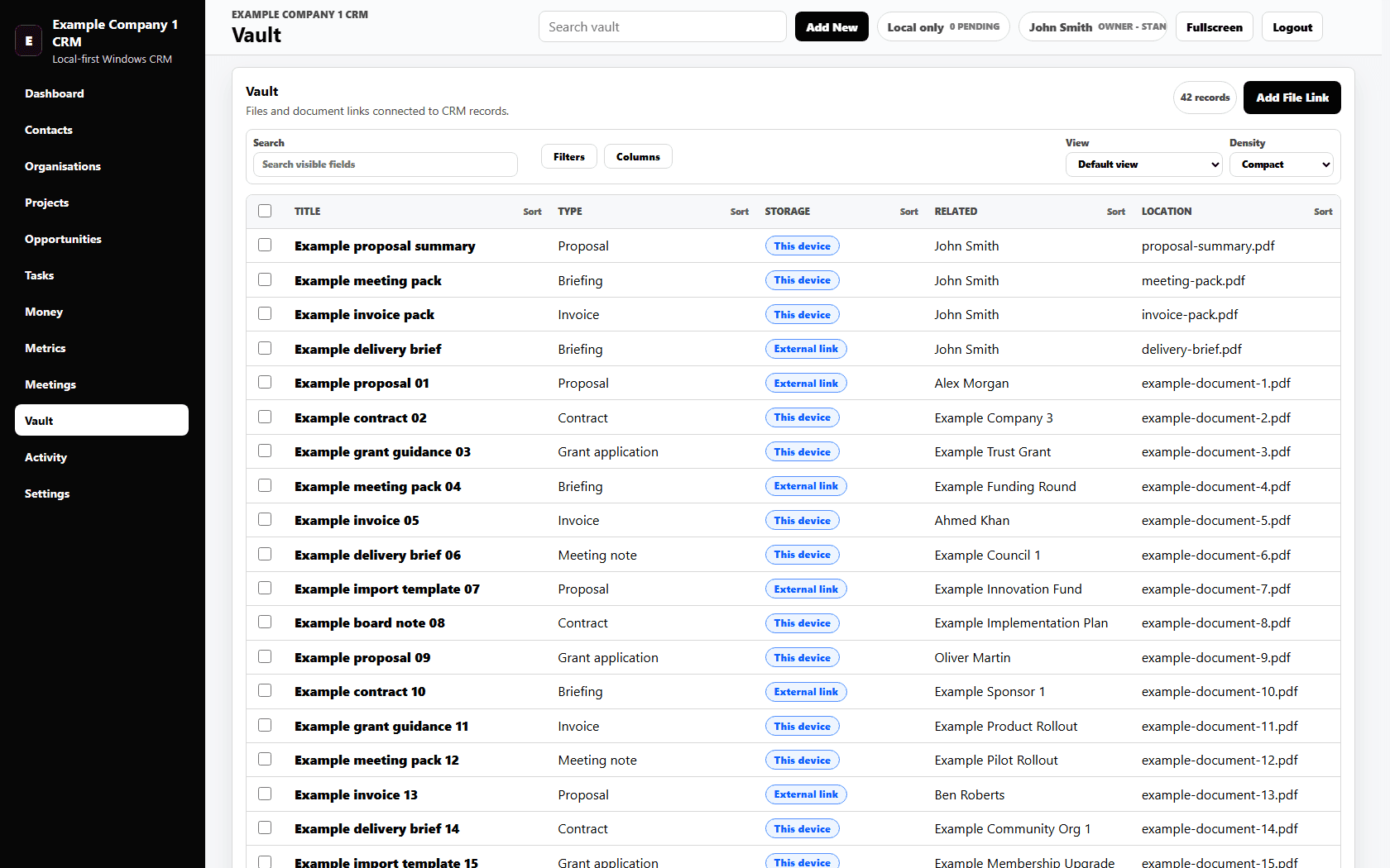 Blackvault CRM documents page with fictional proposal, invoice, meeting pack and briefing records