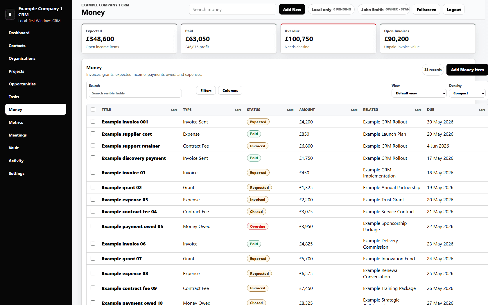 Blackvault CRM money page with fictional operational finance records
