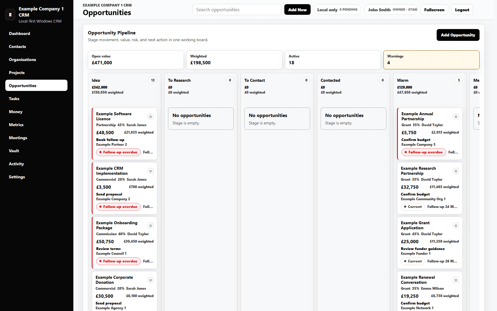 Blackvault CRM opportunities page populated with fictional opportunity records