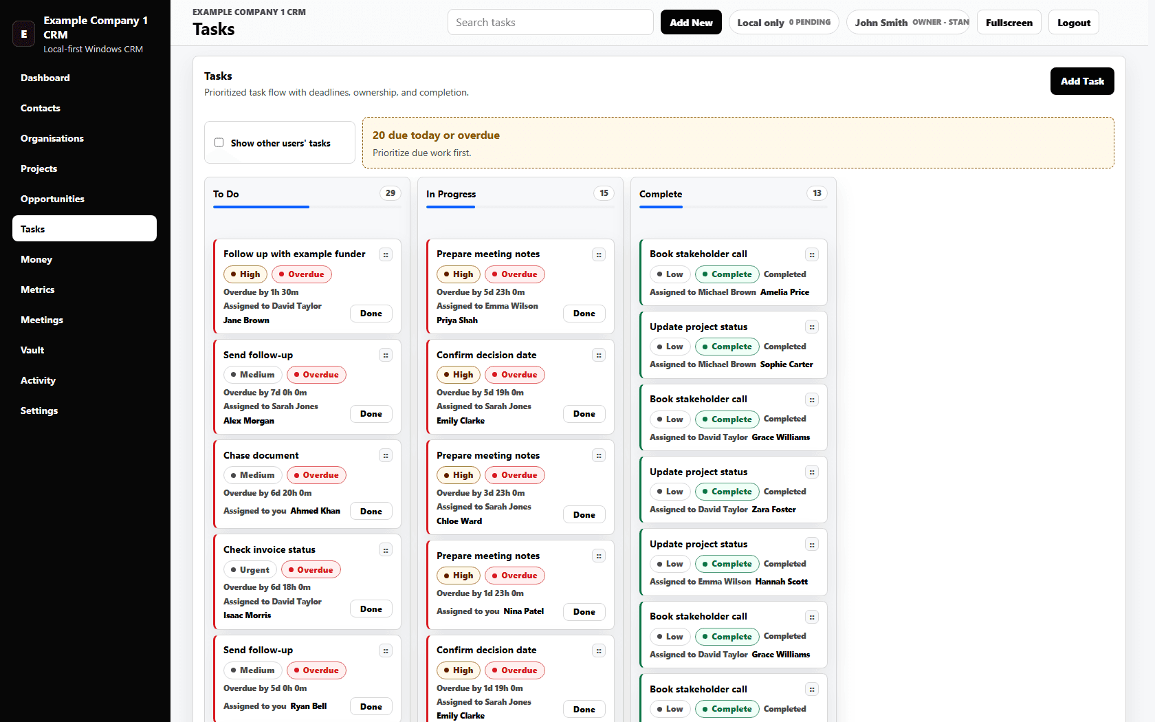 Blackvault CRM task board with fictional overdue, in progress and complete tasks